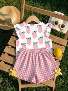 Baby Girl Casual Fashion Cute Lemon Bow Print, Cute Flutter Sleeve Round Neck Top Suitable For Spring And Summer - Multicolor - View 2