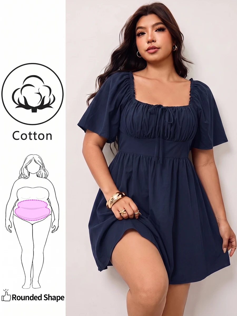 Enliva Plus Size Women's Spring/Summer New Casual Daily Outfit, Suitable For Party, Date, Birthday, Music Festival, Back To School, Commute, Vacation And Other Occasions, Ruffle Short Sleeve Dress, Cold Shoulder Design, Soft Cotton Blend Fabric, Loose Fit, Short Length, Black, Plus Size Available - Navy Blue - View 1