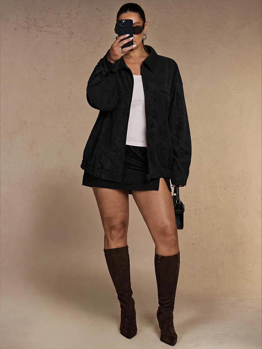 SHEIN BAE CURVE 大尺碼女款街頭時尚拉鍊長袖街頭夾克外套 冬季 - 黑色 - 查看 1