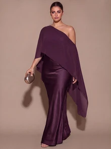 SHEIN BAE CURVE 大尺碼女款優雅長版不對稱單肩洋裝 - 紫色 - 查看 1