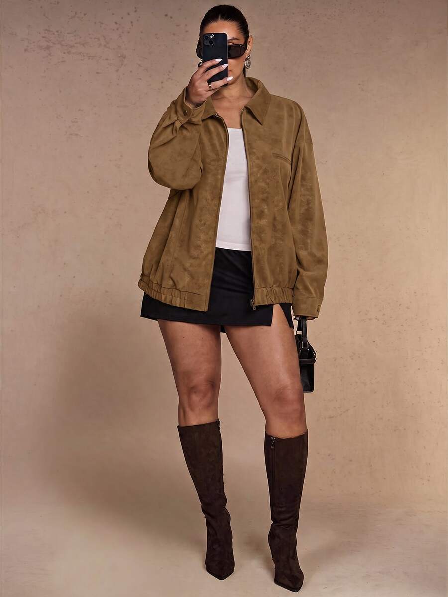 SHEIN BAE CURVE 大尺碼女款卡其色方正版夾克外套 冬季 - 卡其色 - 查看 1