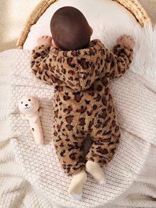 SHEIN 新生兒男嬰/女嬰可愛秋冬休閒白色毛絨卡通熊圖案連帽連身衣居家服 - 棕色 - 查看 2