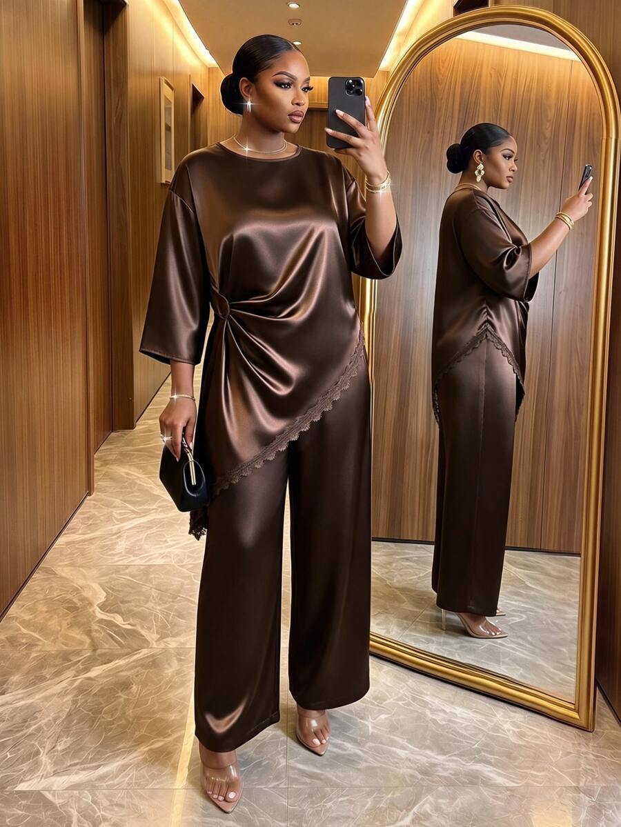 SHEIN Lady Plus Size Women Lace Patchwork Top And Pants Casual Everyday 2 Pieces Set - Brown - View 1