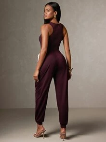 Hauture Women's Sexy Casual Contrast Dark Purple Tie-Up Sweatsuit Jumpsuit, Office Wear, Business Casual, Going Out Brunch, Traveling Summer - Burgundy - View 6