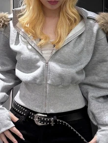 Dazy Plus Korean Style Fitted Waist Patchwork Fur Collar Hooded Sweatshirt, Autumn/Winter New Arrival Hoodies - Grey - View 4