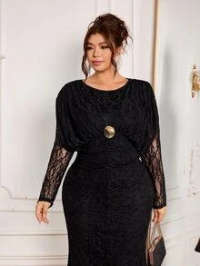 Modelyn Elegant Lace Round Neck Long Sleeve Fitted Regular Fit Plus Size Dress For Spring And Autumn - Black - View 6