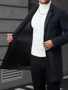 Manfinity CasualCool 男士海軍藍羊毛翻領大衣，商務百搭中長款外套夾克，秋冬款 - 藏蓝色 - 查看 3