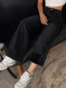 DAZY Teen Girl Pocket Wide Leg Loose Casual Versatile Denim Jeans - Black - View 7