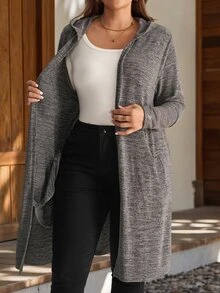 EMERY ROSE Jaket Lengan Panjang Berkerudung Ukuran Besar Warna Abu-abu Polos dengan Patchwork Renda Bergaris dan Kantong, Koleksi Musim Gugur/Musim Dingin 2026 - Grey - View 10