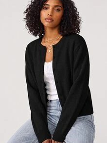 SHEIN BASICS 女款時尚極簡單排扣長袖針織開襟衫 - 黑色 - 查看 4