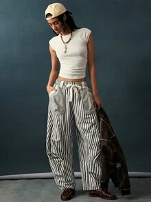 Bohemela Women's Striped Colorblock Drawstring Waist Pocket Loose Long Pants - Black and White - View 7