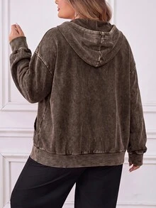 SHEIN CURVE+ 大尺碼開襟拉鍊式水洗布料長袖運動衫，黑色休閒套頭衫，2026 22W 秋季 - 咖啡棕 - 查看 2