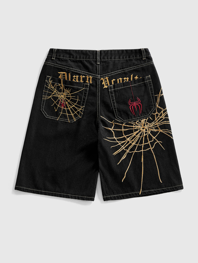 ROMWE Grunge Punk Summer Vintage Unisex Street Punk Spider Web Embroidered Loose Wide Leg Women's Denim Mid-Length Pants