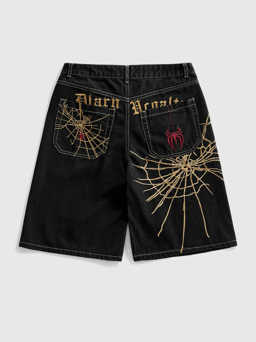 ROMWE Grunge Punk 夏季復古中性街頭龐克蜘蛛網刺繡寬鬆寬腿女款牛仔中長褲 - 黑色 - 查看 1