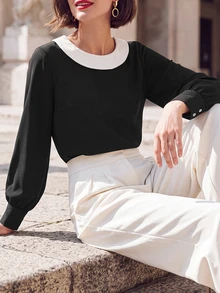 SHEIN Elegant Fashion Commuter Shirt Black Solid Color Minimalist Autumn/Winter Top Versatile - Black - View 5