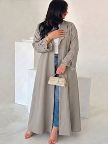 Al Najma Plus Size Lapel Collar Open Front Abaya Maxi Coat Lace Cuff Trim Long Sleeve Loose Modest Fall Muslim Outerwear - Khaki - View 4