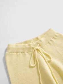 ROMWE Kawaii Shoulder Strap V-Neck Lace Strap Loose Wide Leg Pants Comfortable Home Wear Women's Sweater 2 Pieces Set - Light Yellow - View 3