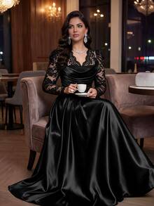 Auveirra Plus Size Women's Lace Patchwork Pleated Elegant Waist-Cinching Party Dress Fall - Black - View 3