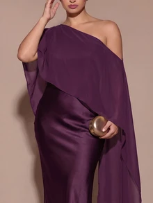 SHEIN BAE CURVE 大尺碼女款優雅長版不對稱單肩洋裝 - 紫色 - 查看 3