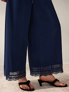 Willow Rêve Women's Navy Blue Wide Leg Jumpsuit, Floral Lace Trim Craftsmanship, Cold Shoulder, Front Button, Ruffle & Cinched Waist Design, Summer Western Romantic Style, Suitable For Party Wear - Blue - View 4