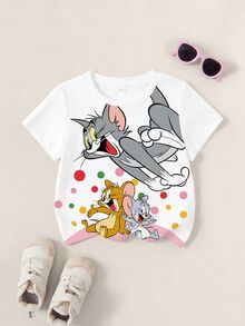 TOM & JERRY X SHEIN 少女卡通印花圓領短袖休閒T恤 - 白色 - 查看 1