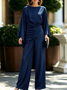 SHEIN Holidaya Women's Elegant Pleated Design Batwing Sleeve Blouse And Pants Set - Blue - View 5