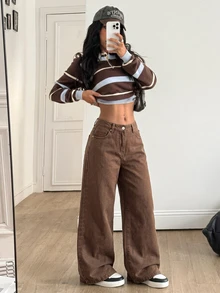 Attitoon Women's Letter Print Wide Leg Jeans - Coffee Brown - View 4