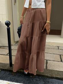 SHEIN EZwear 女款素色百褶休閒百搭日常穿著裙，適合夏季 - 棕色 - 查看 5