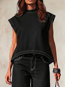 Balvessa Women's Stand Collar Cap Sleeve Casual Loose Denim Top - Black - View 3
