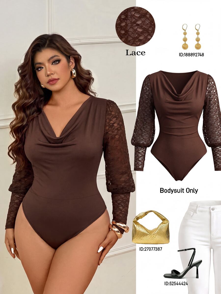 Femmeverse Plus Size Women's Brown Cowl Neck Draped Neck Bodysuit, Lace Puff Long Sleeve Ruched Tummy Control Slim Fit Base Layer Top, Fashion Versatile - Coffee Brown - View 1