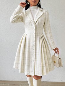 SHEIN Lady Women's Plaid Lapel Neck Long Sleeve Single-Breasted Elegant Midi Dress - Pearl White - View 1