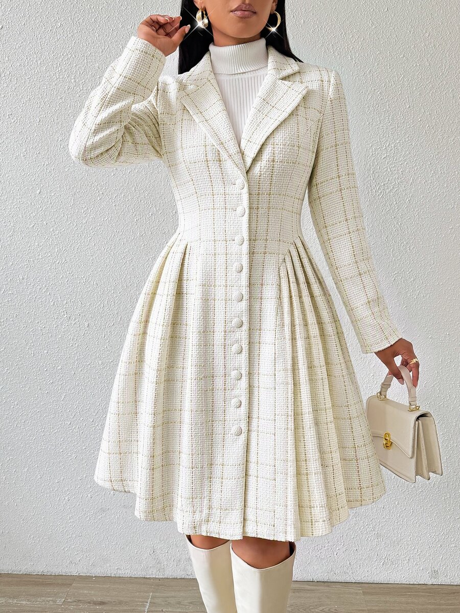SHEIN Lady Women's Plaid Lapel Neck Long Sleeve Single-Breasted Elegant Midi Dress - Pearl White - View 1