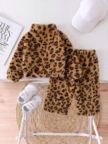 SHEIN 女嬰秋冬可愛豹紋毛絨衛衣與鬆緊腰長褲套裝 - 棕色 - 查看 2