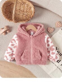 SHEIN Newborn Baby Girl Cute Autumn/Winter Casual Versatile Fuzzy Colorblock Leopard Print Jacket - Pink - View 6