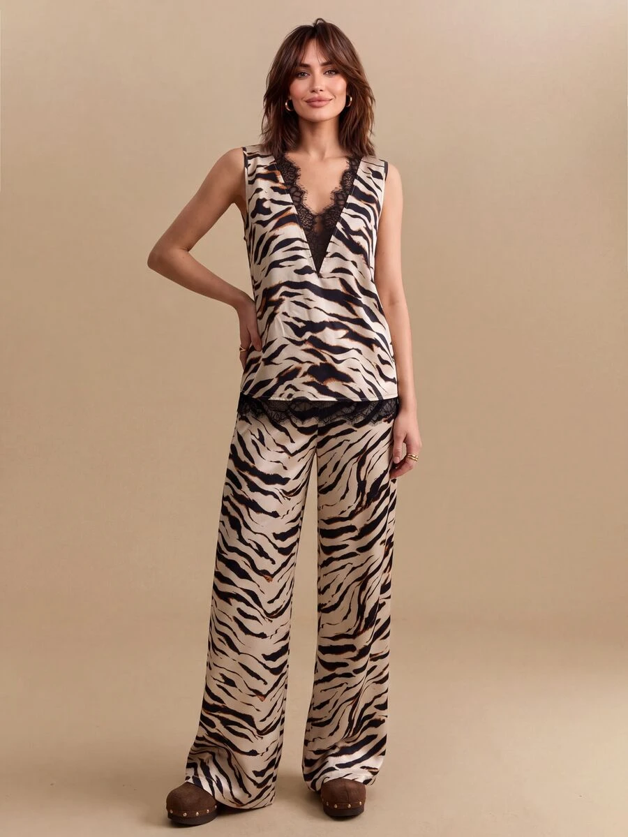 CielaLinda Women's Leopard Print Lace-Trim Sleeveless Top & Wide-Leg Pants Two Pieces Set - Multicolor - View 1
