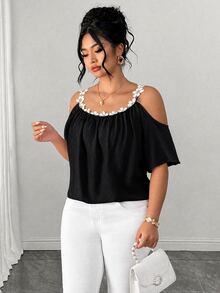 Elenzga Plus Size Round Neck Patchwork Lace Collar Cold Shoulder Short Sleeve Meteor Pleated Texture Pink Blouse - Black - View 6