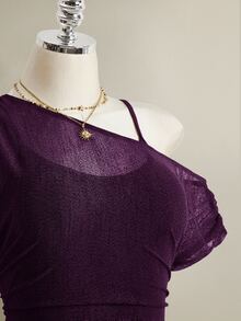 SHEIN ICON Plus Size Solid Color Asymmetrical Collar T-Shirt, Summer - Purple - View 8
