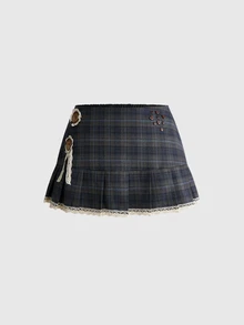 ROMWE Y2K Vintage Sweet Versatile Button Decor Plaid Pleated Skirt Plus Size Skirt - Multicolor - View 1