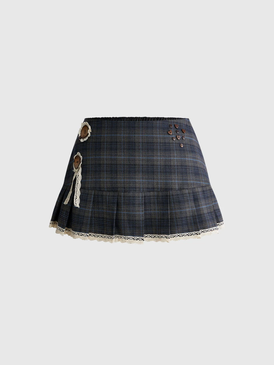 ROMWE Y2K Vintage Sweet Versatile Button Decor Plaid Pleated Skirt Plus Size Skirt - Multicolor - View 1
