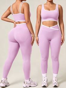 SHEIN Rhythm Era طقم رياضي كاجوال يومي للنساء يتكون من توب وسروال ضيق بألوان متباينة - ارجواني فاتح - مشاهدة 1