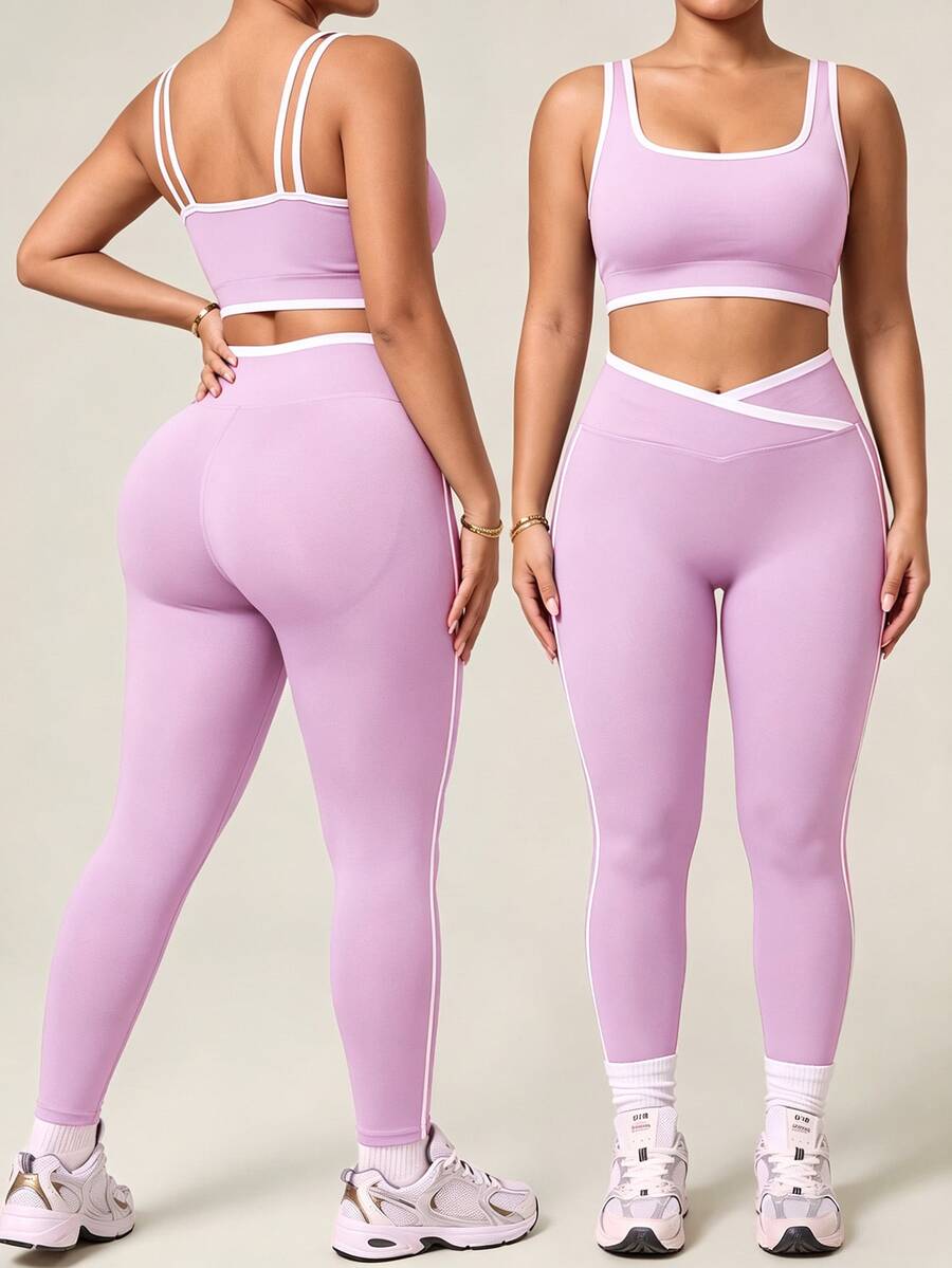 SHEIN Rhythm Era طقم رياضي كاجوال يومي للنساء يتكون من توب وسروال ضيق بألوان متباينة - ارجواني فاتح - مشاهدة 1
