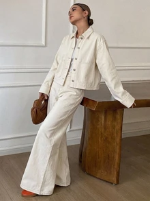 DAZY Autumn White Collared Button Pocket Decor Short Denim Jacket With Wide Leg Denim Pants Set - White - View 4