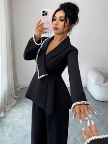 Elenzga طقم جاكيت وبنطلون أنيق مزين باللؤلؤ الصناعي للنساء - الأسود - مشاهدة 6