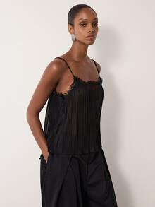 MERLEAU Women's Modern Black Pleated Contrast Lace Design Camisole Top - Black - View 3