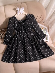 Genkimix Kids 女童 1 件 BialaSuknia 春/秋新款海灘週末生日套裝，方領長袖波點印花，後方方領設計，3D 可拆卸大蝴蝶結，側抓褶大裙擺，極簡百搭海灘洋裝 - 黑色 - 查看 2