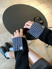 DAZY Black Round Neck Plaid Patchwork Cuff Button Long Sleeve Casual Knit 2 In 1 Cardigan Sweater Fall - Black - View 5