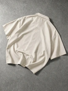 TOKVUE 男士短袖梭織襯衫 拉鍊門襟 方正版型 美式復古街頭休閒校園風 數位印花 寬鬆大尺寸街頭風 米色 夏季 - 杏色 - 查看 2