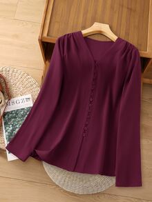 Rusticease Plus Size Solid Burgundy V-Neck Long Sleeve Button Front Casual Shirt Fall Winter 2026 - Burgundy - View 7