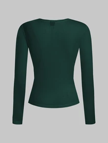 SHEIN EZwear 女款 2 件組純色黑色與深綠色圓領休閒修身長袖 T 恤套裝，適合秋冬穿著 - 彩色 - 查看 4