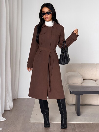 SHEIN Clasi Women's Trench Coat Jacket, Casual French Minimalist, Street Style, Elegant, Loose Fit, Tie Waist Office Coffee Brown Autumn